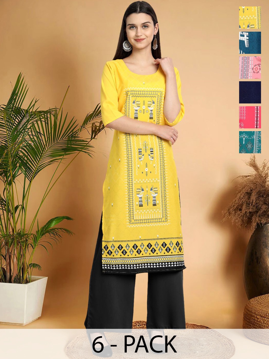 

7Threads Selection Of 6 Ethnic Motifs Printed Round Neck Straight Kurtas, Yellow