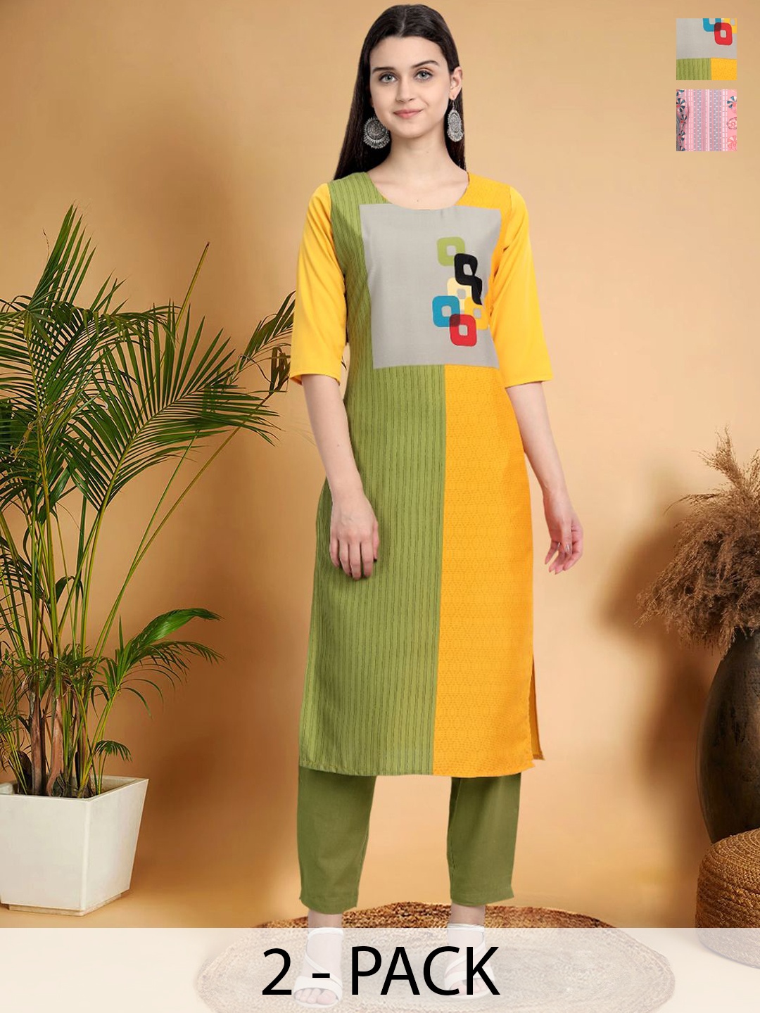 

7Threads Selection Of 2 Geometric Printed Round Neck Straight Kurtas, Green