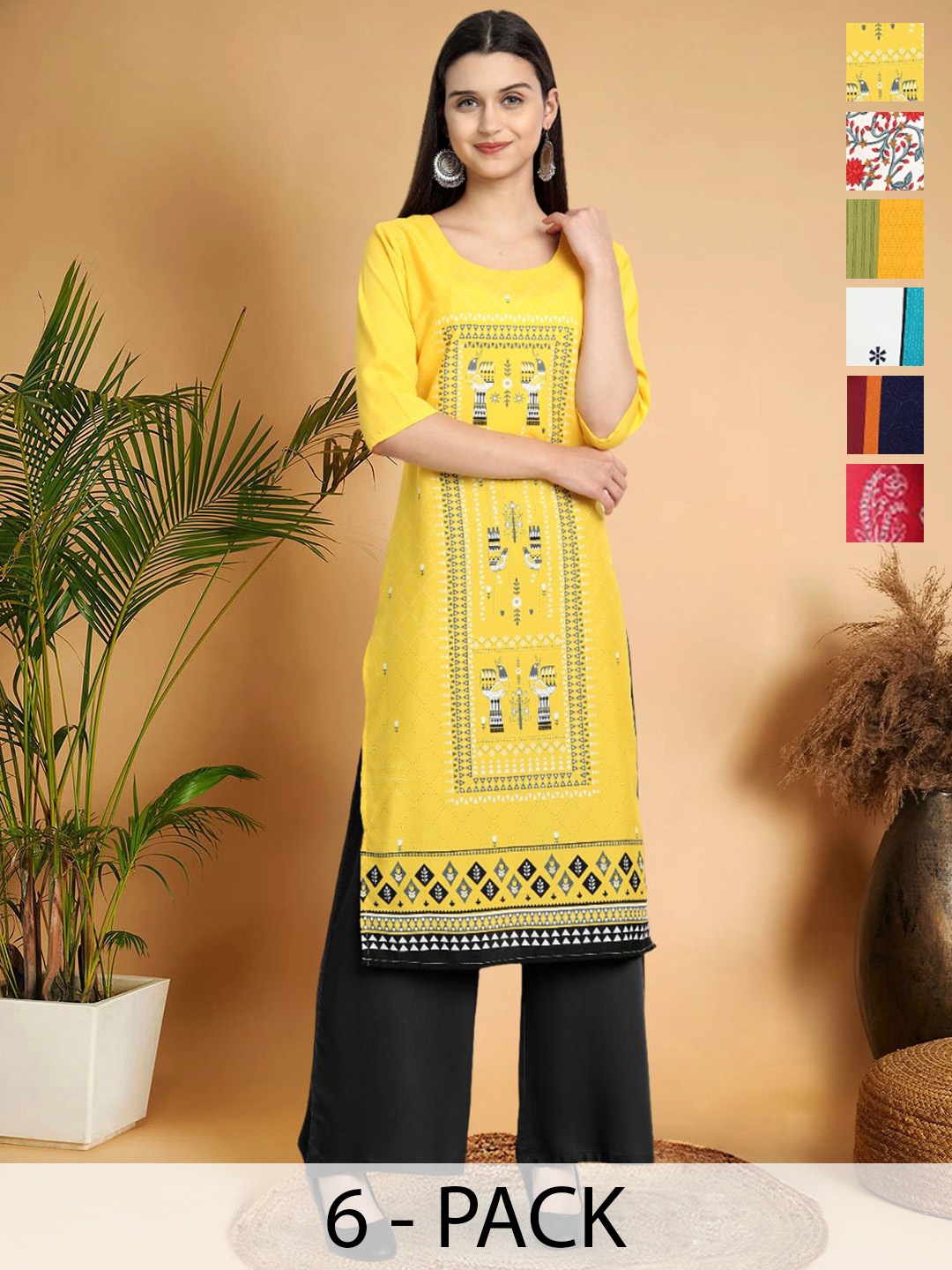 

7Threads Selection Of 6 Ethnic Motifs Printed Round Neck Straight Kurtas, Yellow