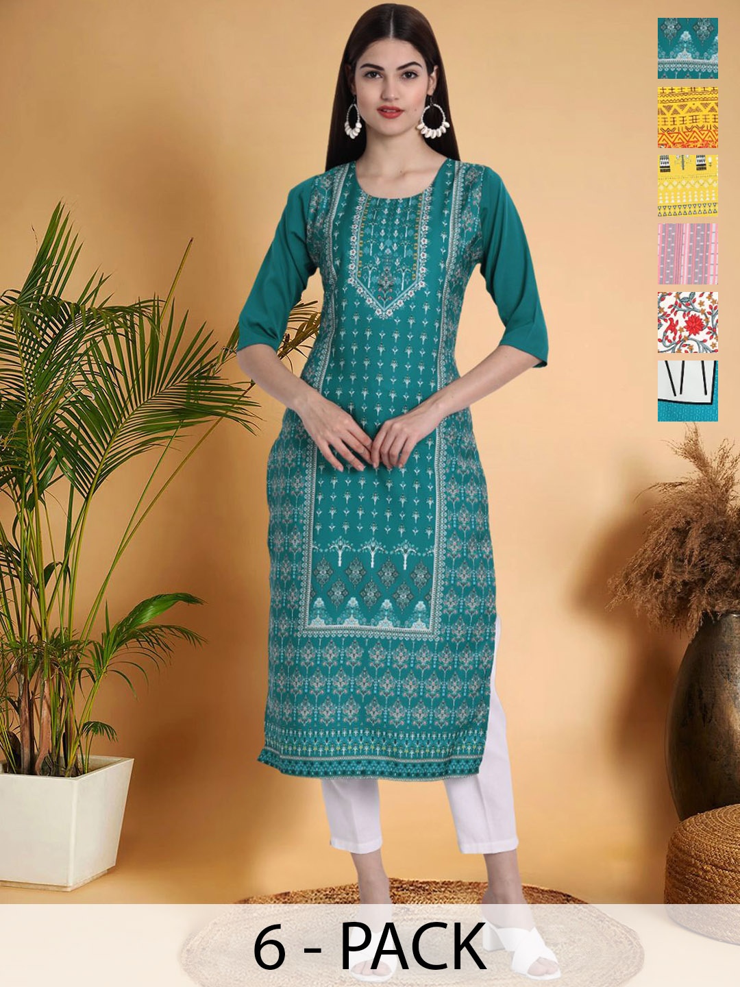 

7Threads Selection Of 6 Ethnic Motifs Printed Round Neck Straight Kurtas, Blue