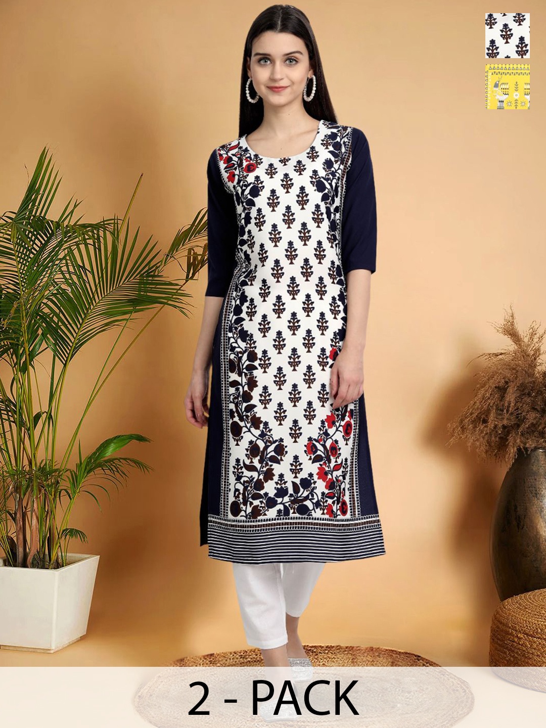 

7Threads Selection Of 2 Ethnic Motifs Printed Round Neck Straight Kurtas, Black
