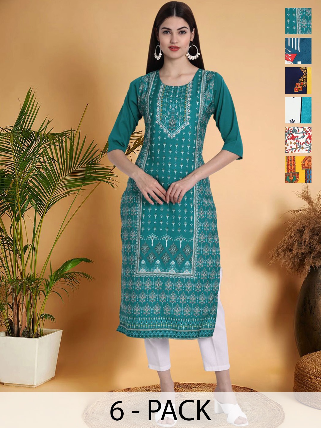 

7Threads Selection Of 6 Ethnic Motifs Printed Round Neck Straight Kurtas, Blue