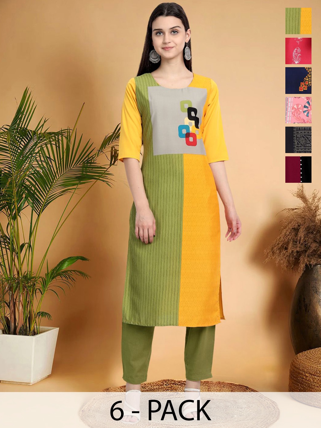 

7Threads Selection Of 6 Geometric Printed Round Neck Straight Kurtas, Green