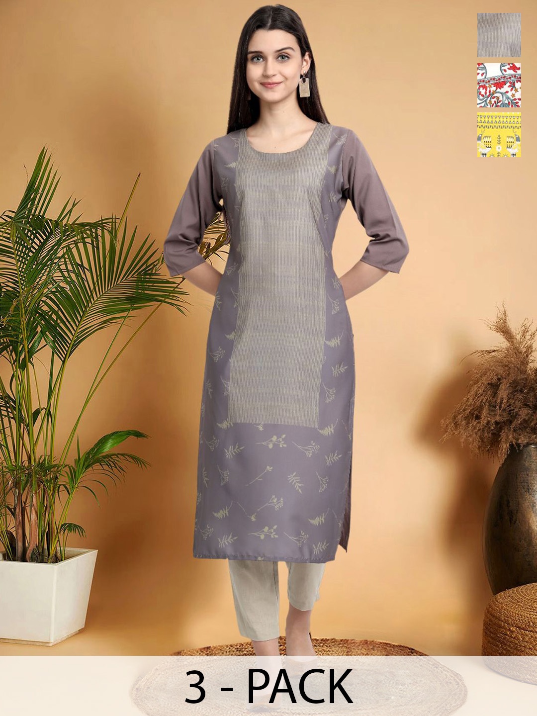 

7Threads Selection Of 3 Floral Printed Round Neck Straight Kurtas, Purple
