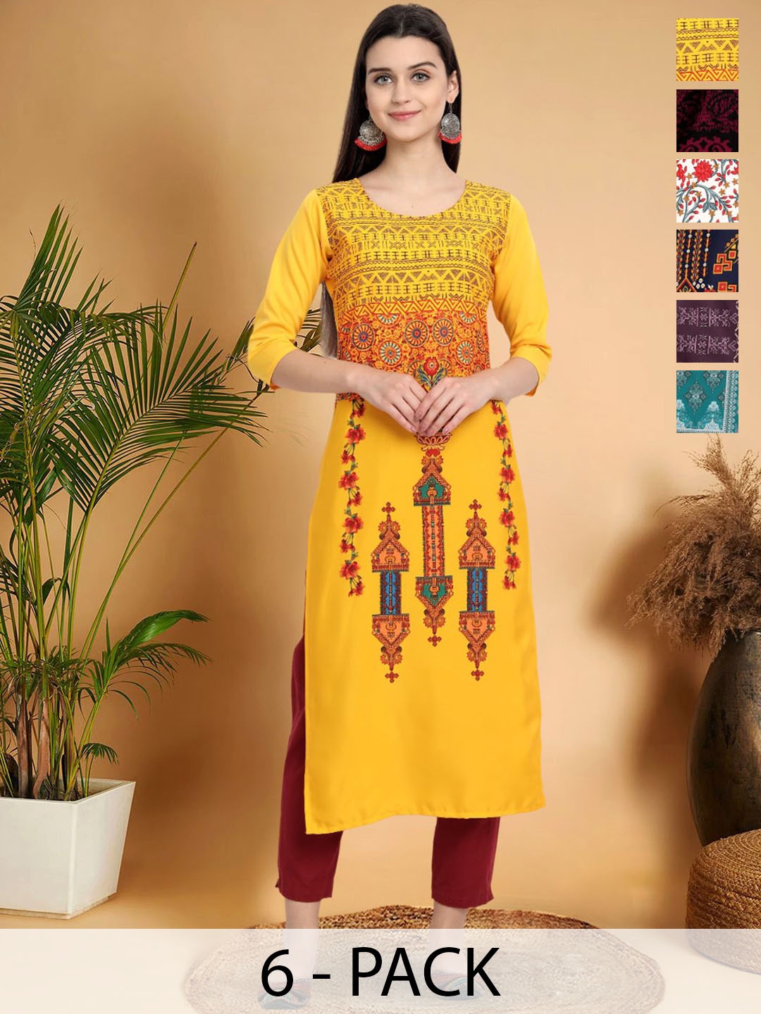 

7Threads Selection Of 6 Ethnic Motifs Printed Round Neck Straight Kurtas, Yellow