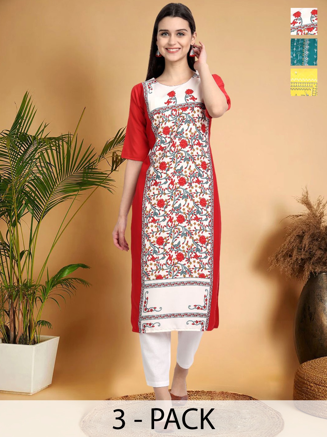 

7Threads Selection Of 3 Floral Printed Round Neck Straight Kurtas, White