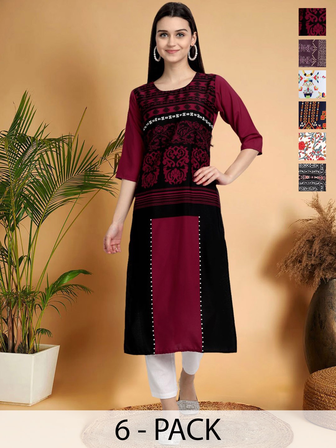 

7Threads Selection Of 6 Ethnic Motifs Printed Round Neck Straight Kurtas, Red