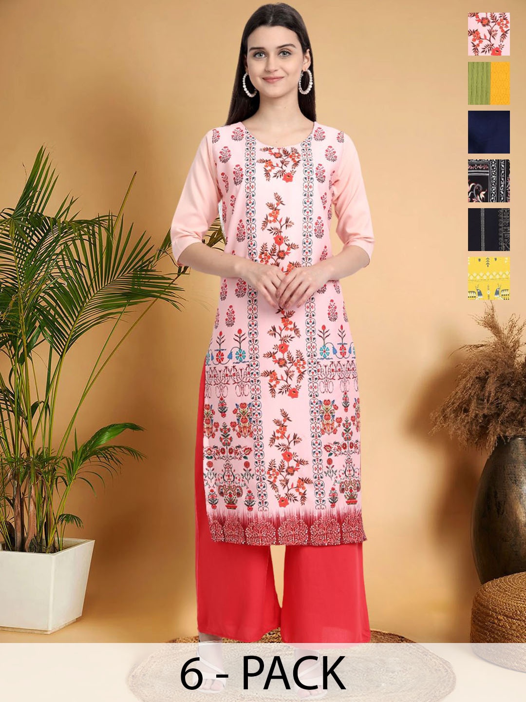 

7Threads Selection Of 6 Floral Printed Round Neck Straight Kurtas, Pink