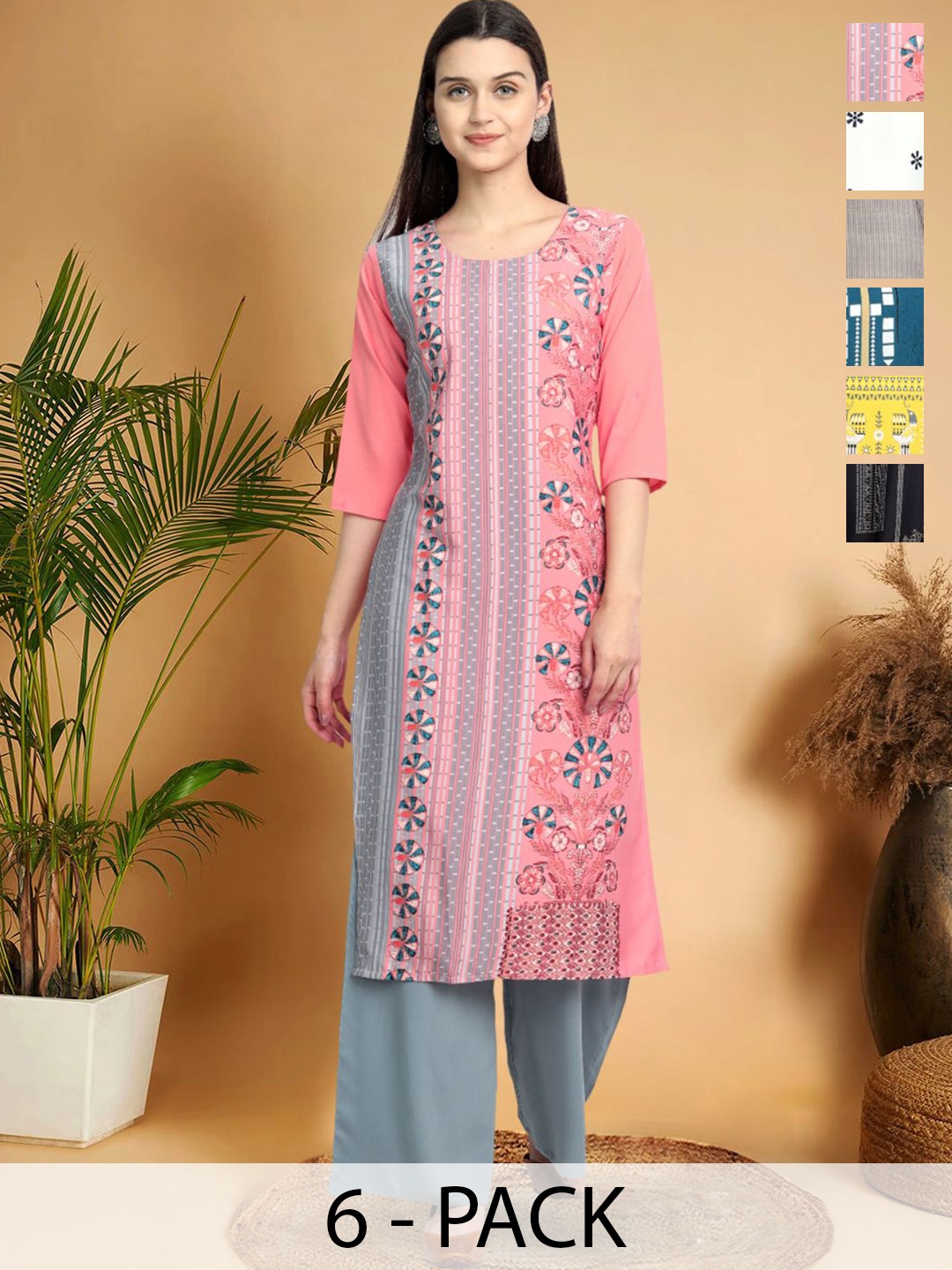 

7Threads Selection Of 6 Ethnic Motifs Printed Round Neck Straight Kurtas, Grey