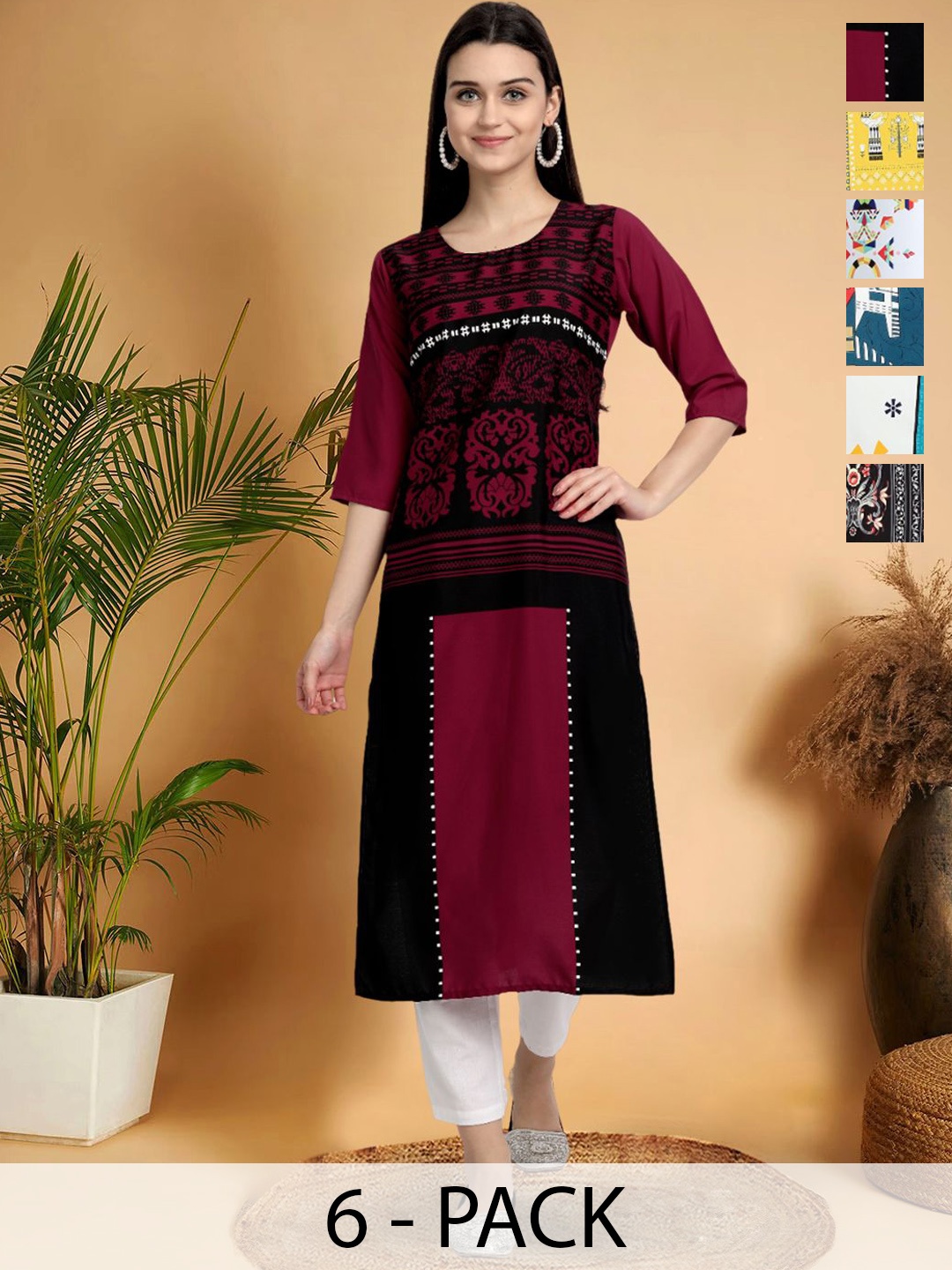 7Threads Selection Of 6 Ethnic Motifs Printed Round Neck Straight Kurtas, Red