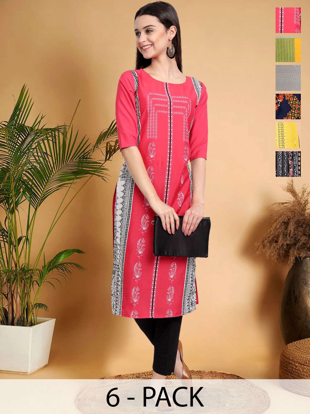 

7Threads Selection Of 6 Ethnic Motifs Printed Straight Kurtas, Pink
