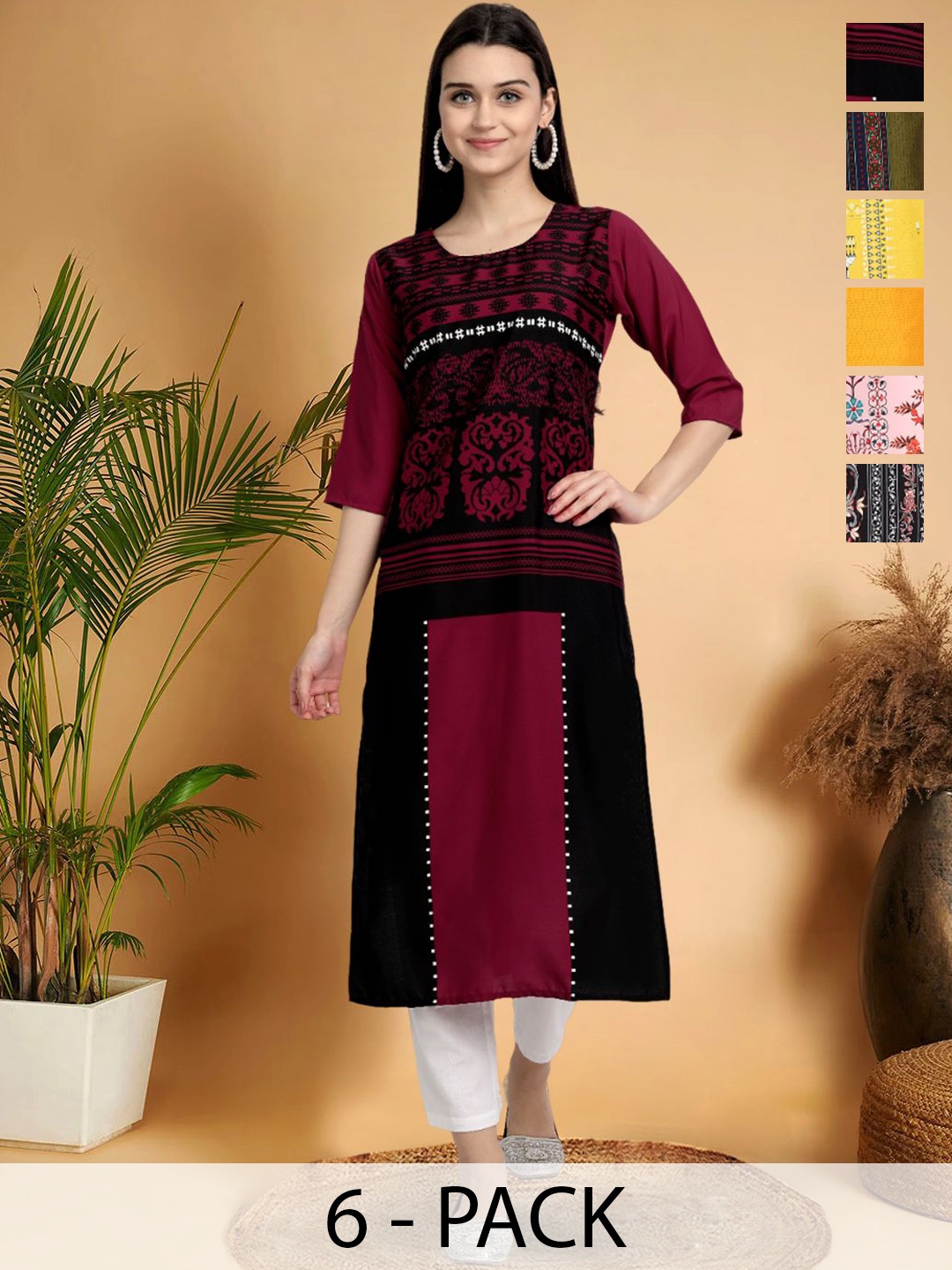 

7Threads Selection Of 6 Ethnic Motifs Printed Straight Kurtas, Maroon