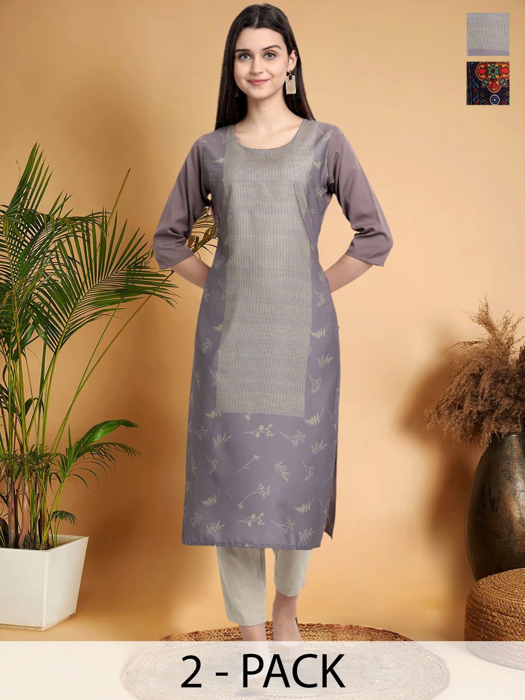 

7Threads Selection Of 2 Floral Printed Straight Kurtas, Grey