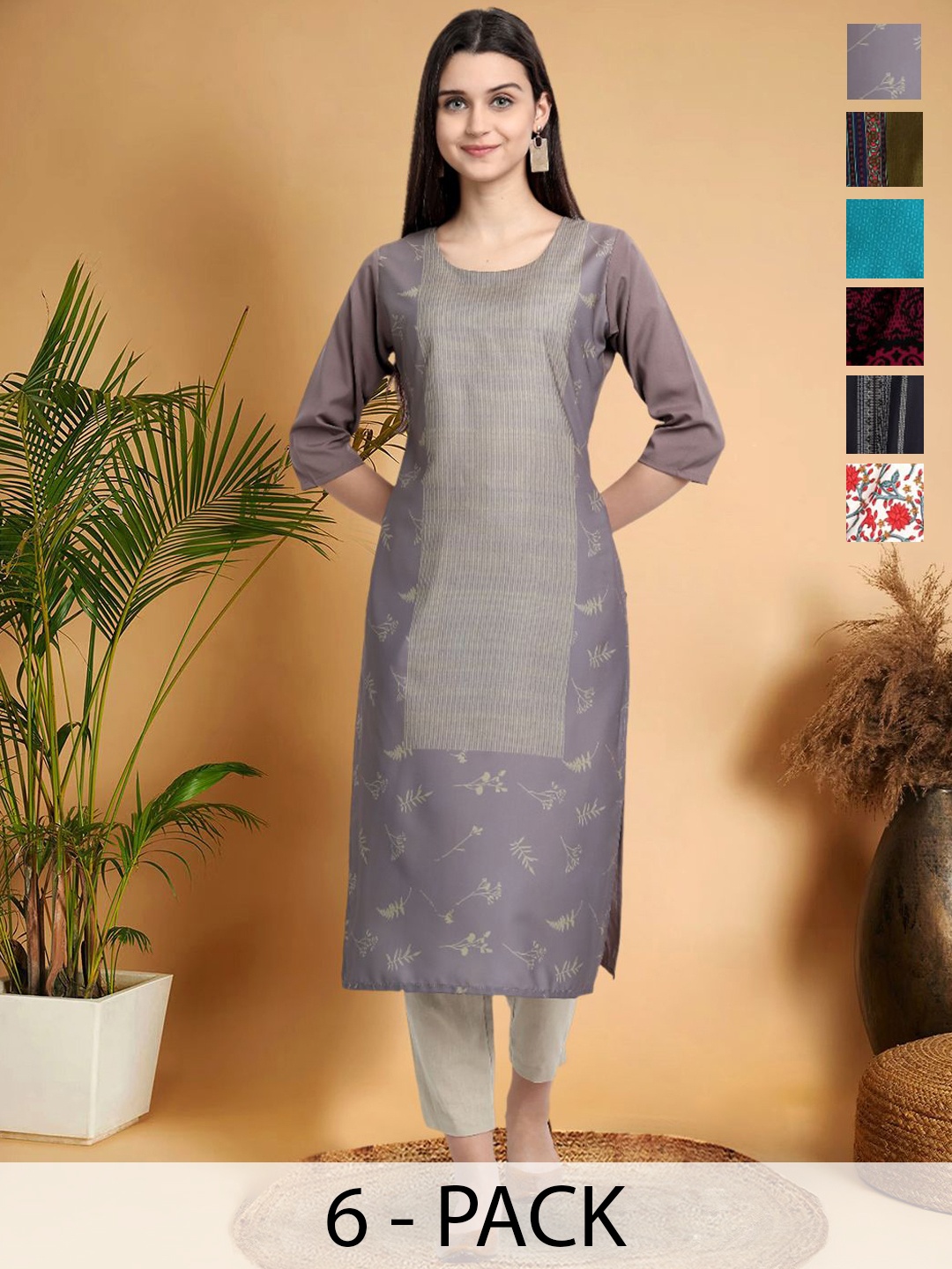 

7Threads Selection Of 6 Floral Printed Straight Kurtas, Grey