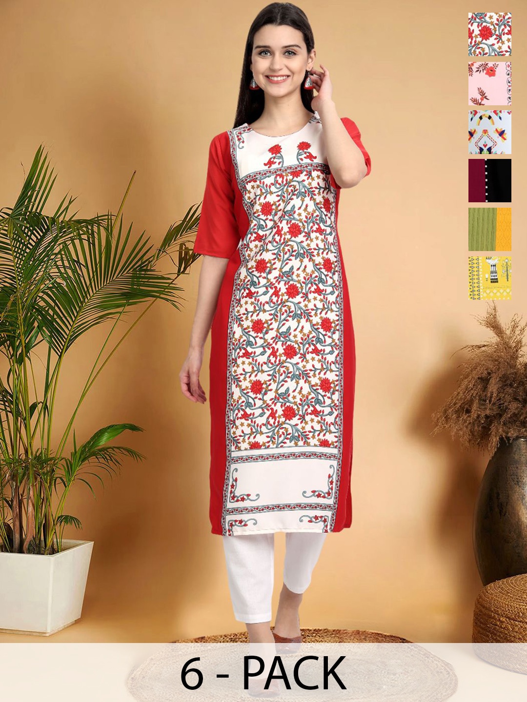 

7Threads Selection Of 6 Floral Printed Straight Kurtas, Red