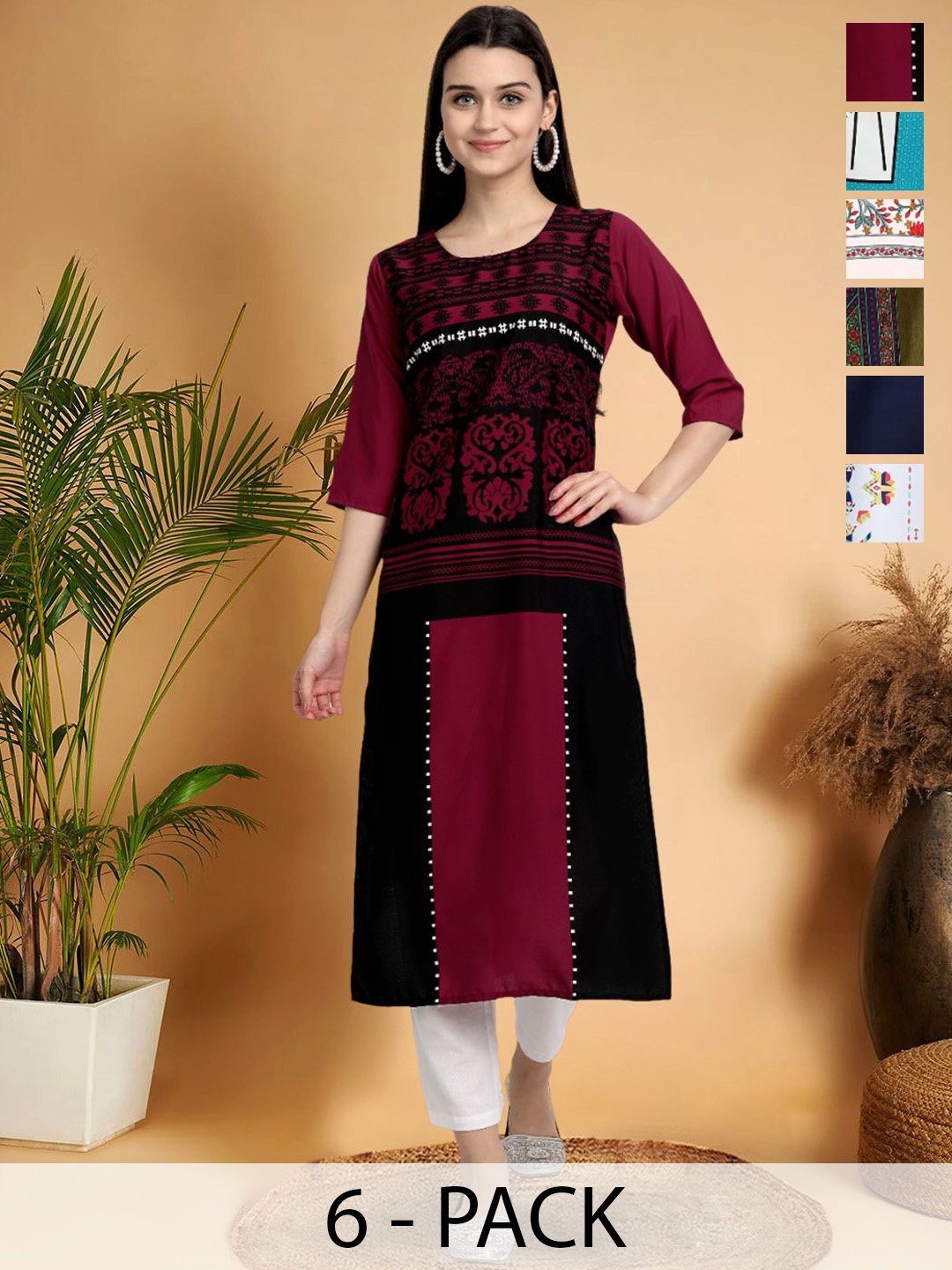 

7Threads Selection Of 6 Ethnic Motifs Printed Straight Kurtas, Maroon