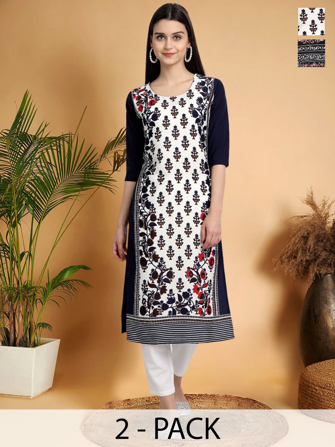 

7Threads Selection Of 2 Ethnic Motifs Printed Straight Kurtas, Black