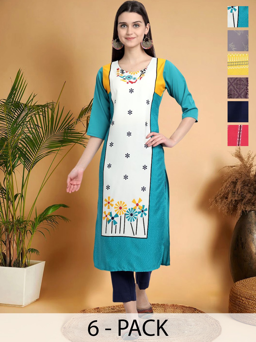 

7Threads Selection Of 6 Floral Printed Straight Kurtas, Pink