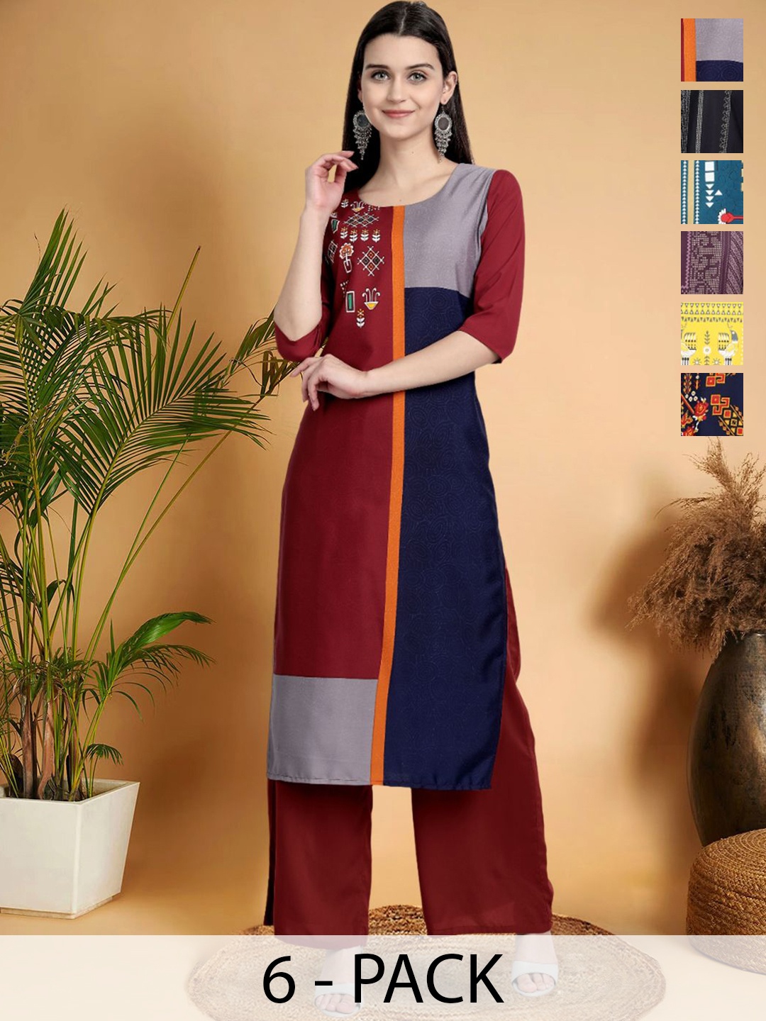 

7Threads Selection Of 6 Colourblocked Printed Straight Kurtas, Maroon