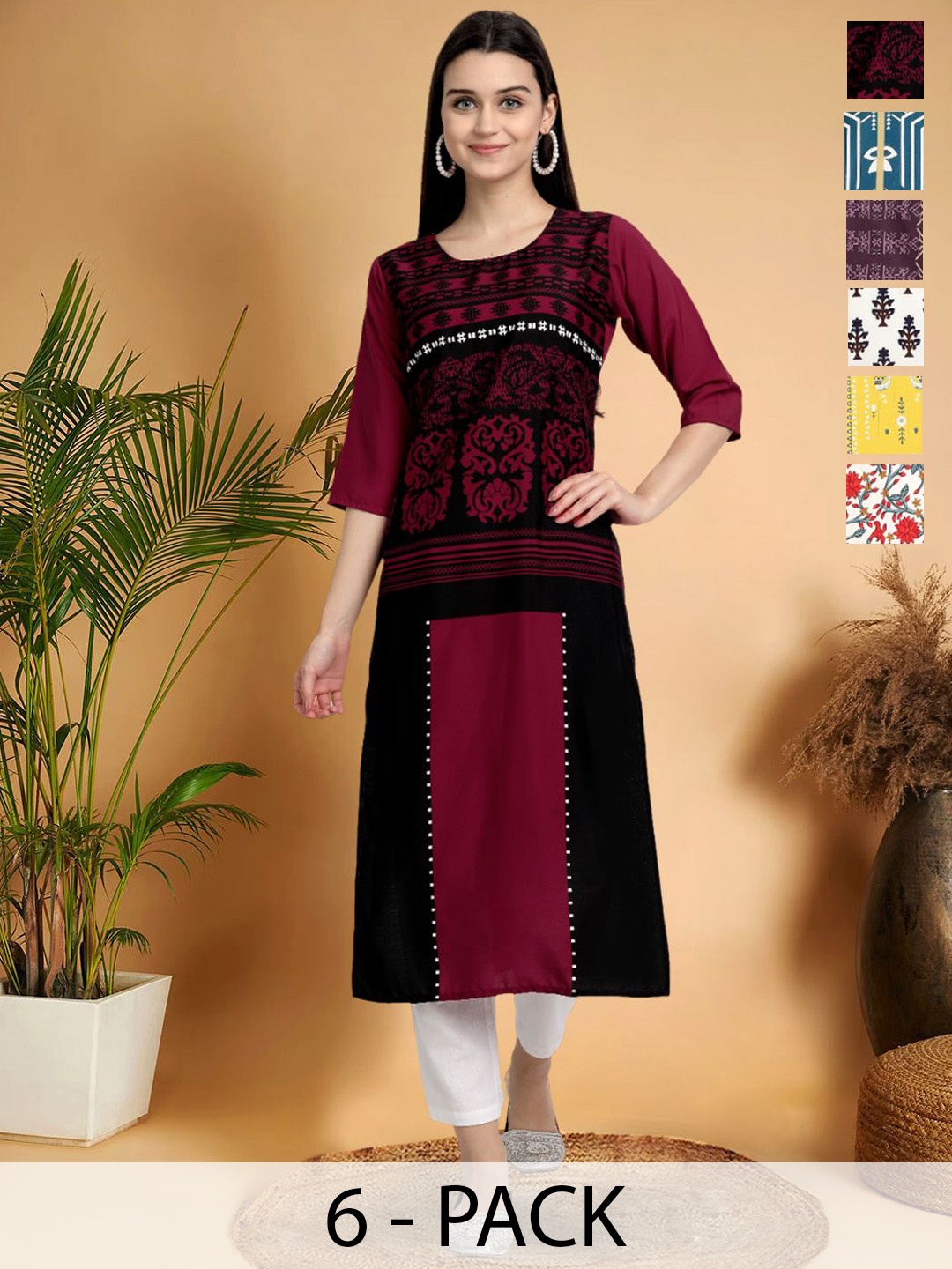 7Threads Selection Of 6 Ethnic Motifs Printed Straight Kurtas, Maroon