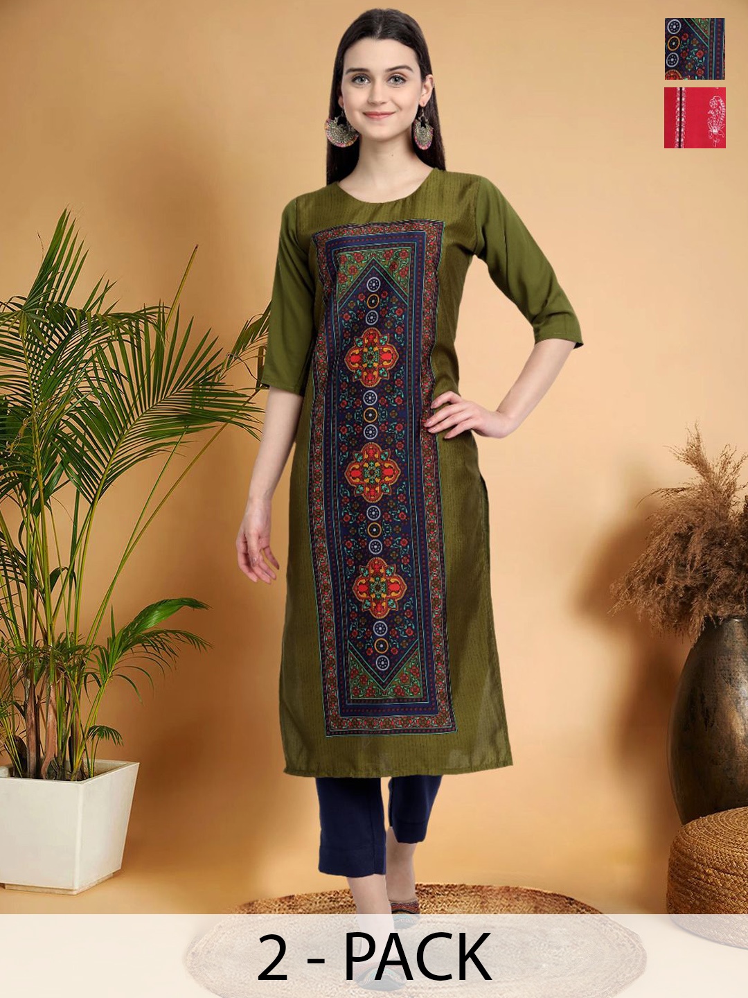 

7Threads Selection Of 2 Ethnic Motifs Printed Straight Kurtas, Green