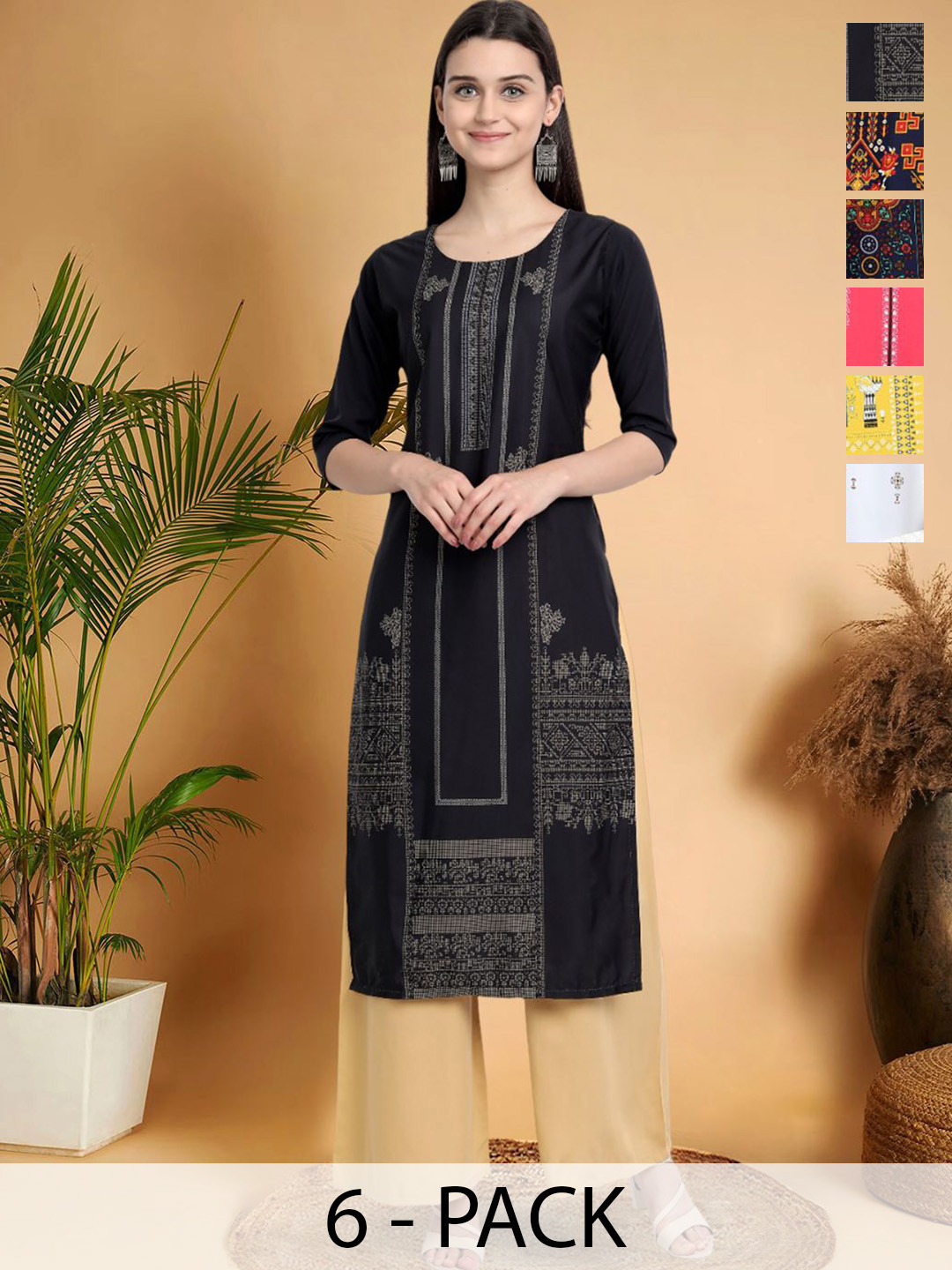 

7Threads Selection Of 6 Ethnic Motifs Printed Straight Kurtas, Black