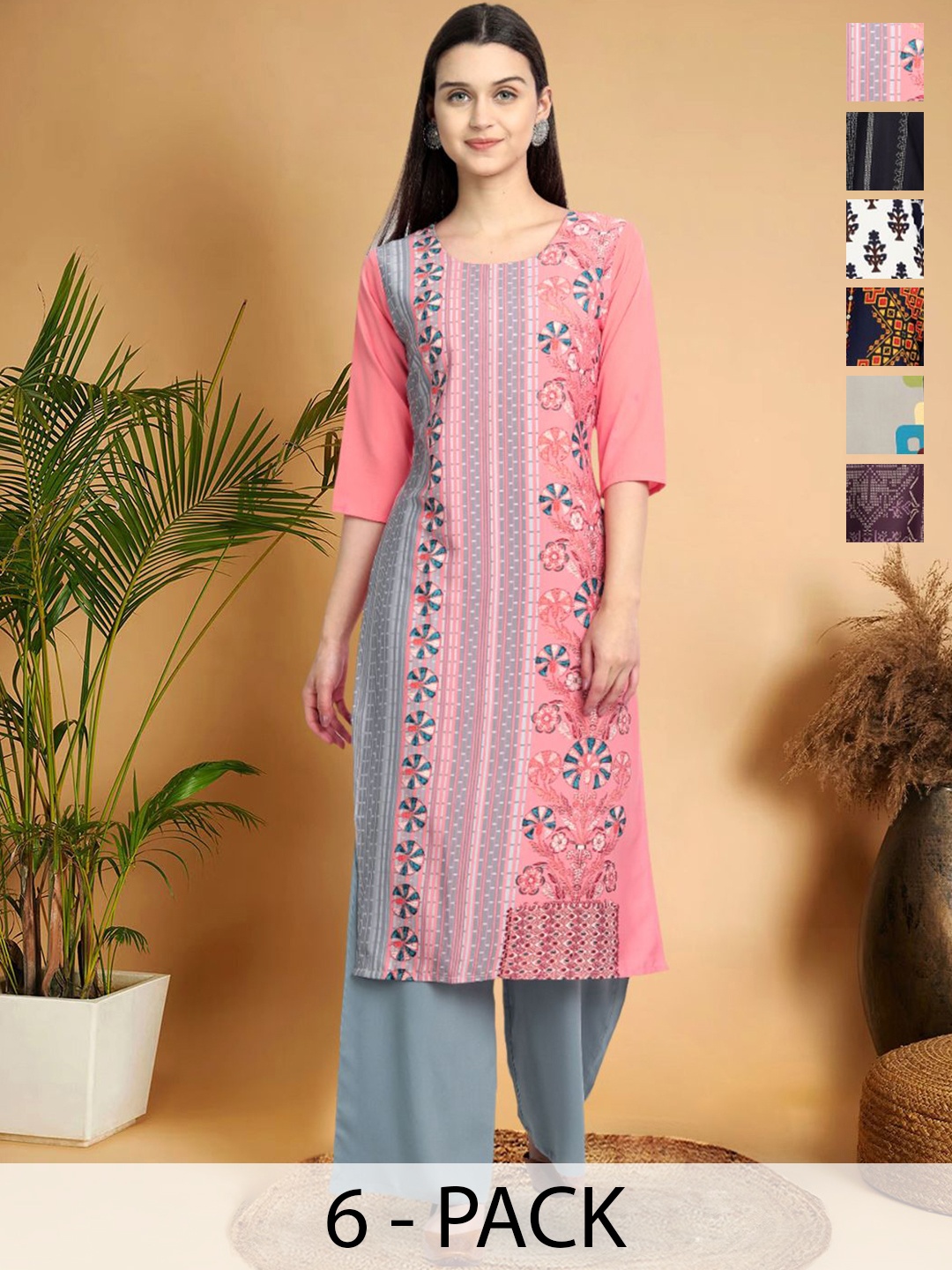 

7Threads Selection Of 6 Ethnic Motifs Printed Straight Kurtas, Pink
