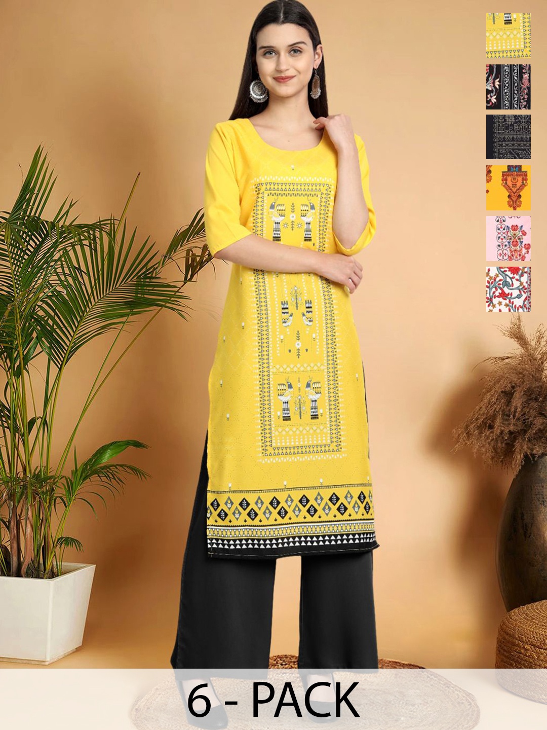 

7Threads Selection Of 6 Ethnic Motifs Printed Straight Kurtas, Yellow