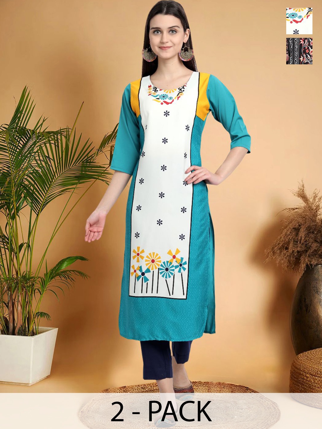 7Threads Selection Of 2 Floral Printed Straight Kurtas, White