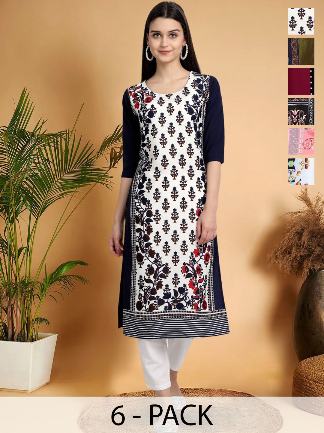 

7Threads Selection Of 6 Ethnic Motifs Printed Straight Kurtas, White