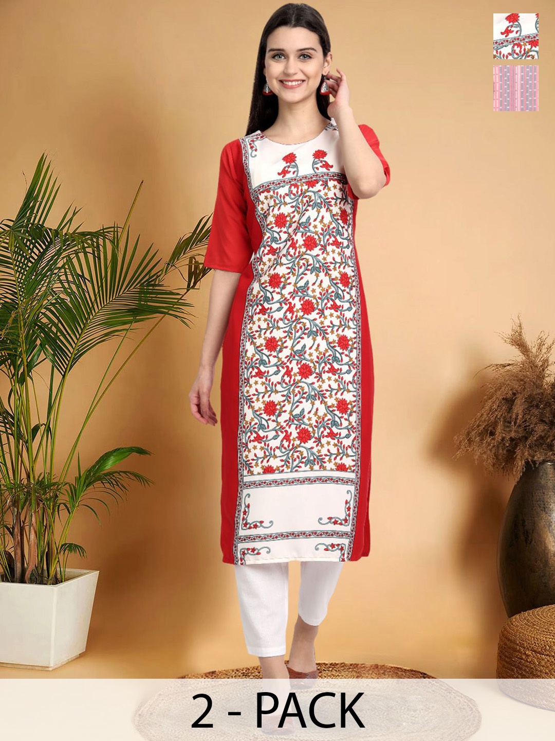 

7Threads Selection Of 2 Floral Printed Straight Kurtas, Red