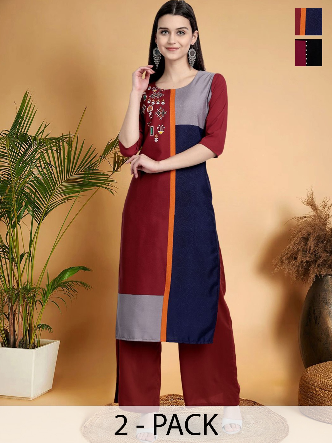 7Threads Selection Of 2 Colourblocked Printed Straight Kurtas, Maroon