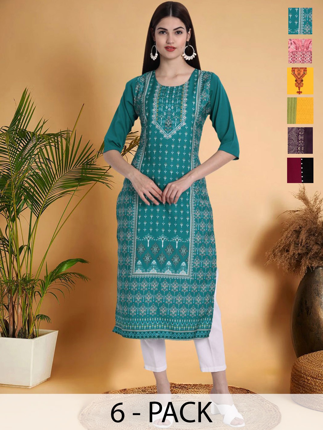 7Threads Selection Of 6 Ethnic Motifs Printed Straight Kurtas, Blue