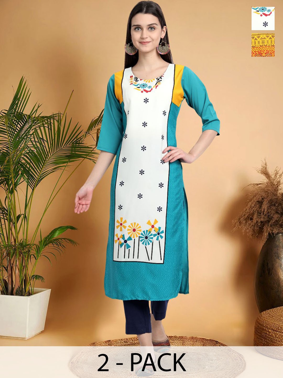 

7Threads Selection Of 2 Floral Printed Straight Kurtas, Blue