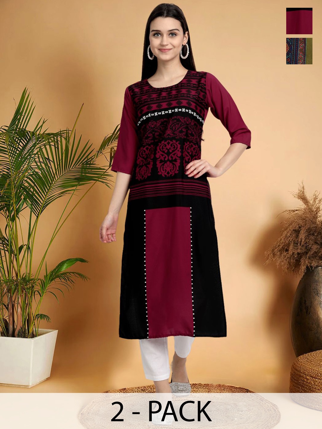 

7Threads Selection Of 2 Ethnic Motifs Printed Straight Kurtas, Black