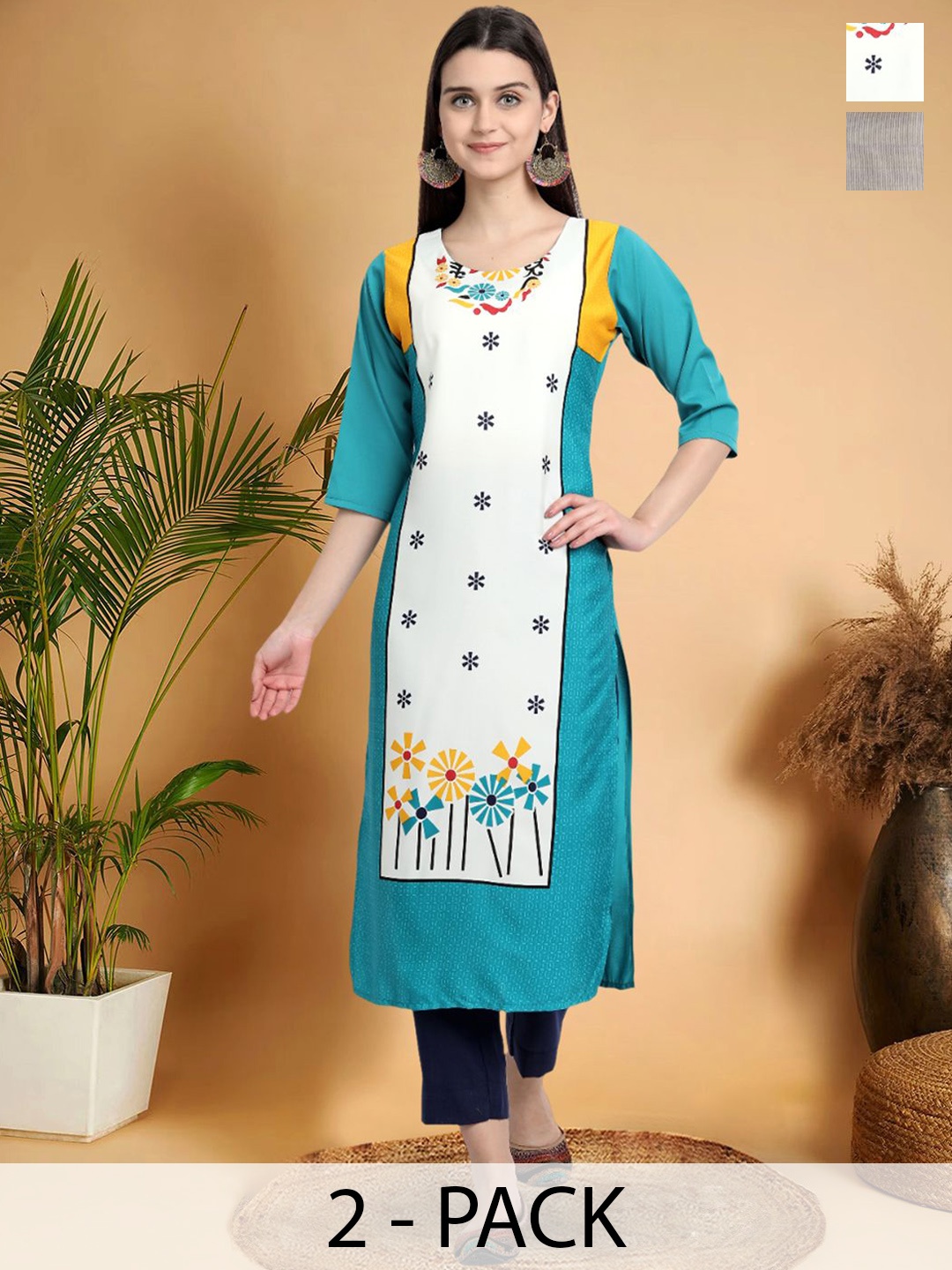 

7Threads Selection Of 2 Floral Printed Straight Kurtas, White