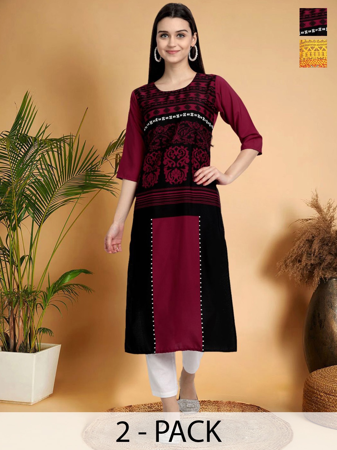 

7Threads Selection Of 2 Ethnic Motifs Printed Straight Kurtas, Black