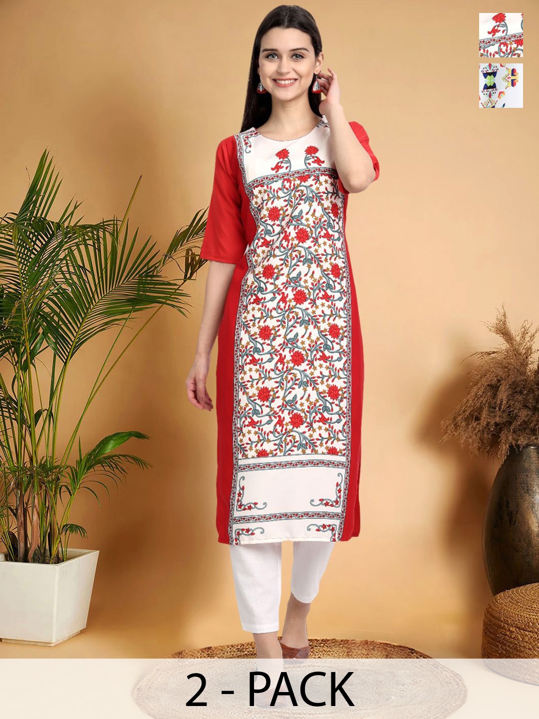 

7Threads Selection Of 2 Floral Printed Straight Kurtas, White