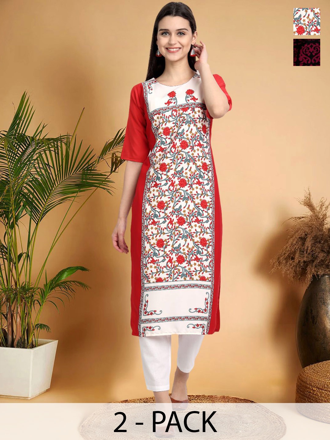 

7Threads Selection Of 2 Floral Printed Straight Kurtas, Red