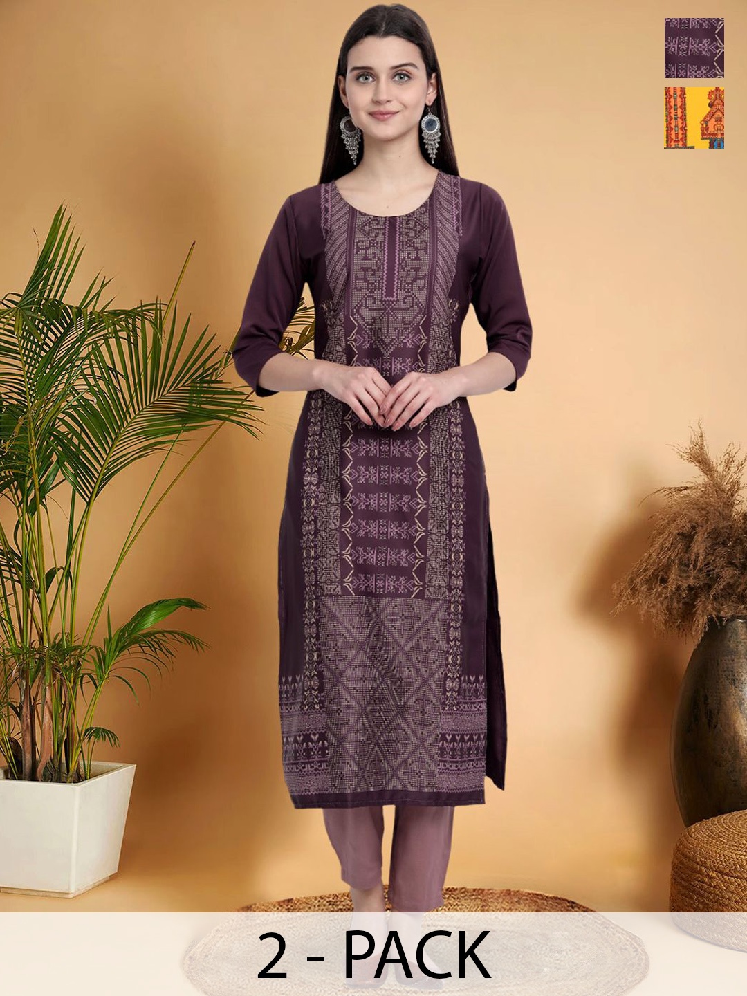 7Threads Selection Of 2 Ethnic Motifs Printed Straight Kurtas, Purple