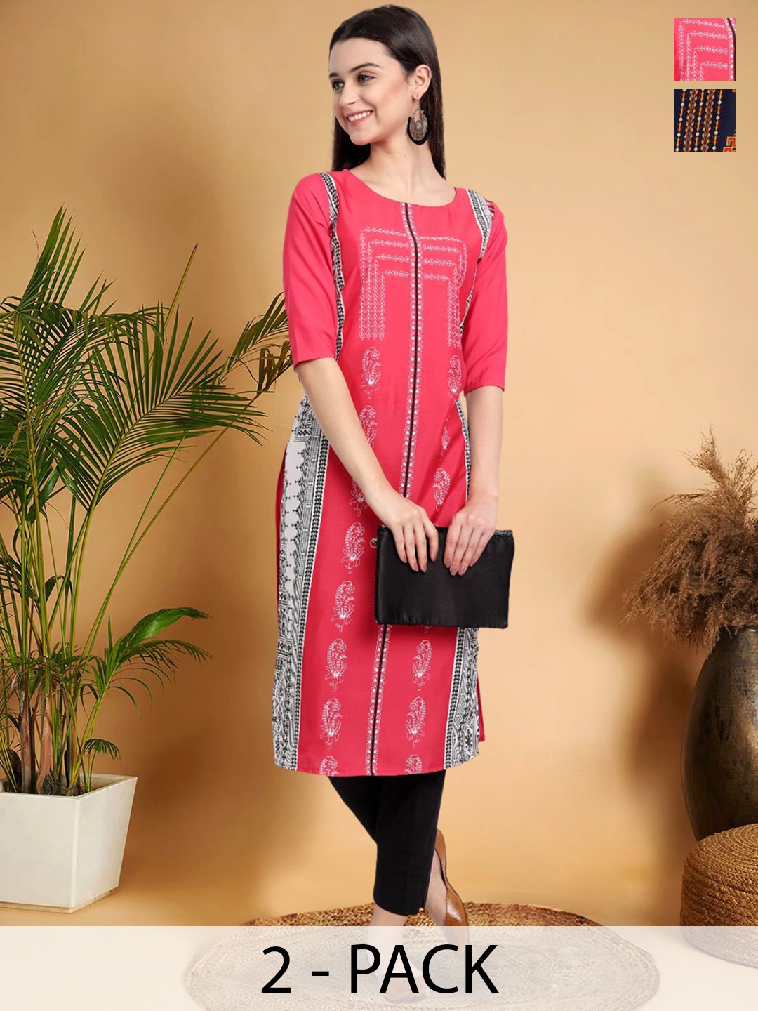

7Threads Selection Of 2 Ethnic Motifs Printed Straight Kurtas, Pink