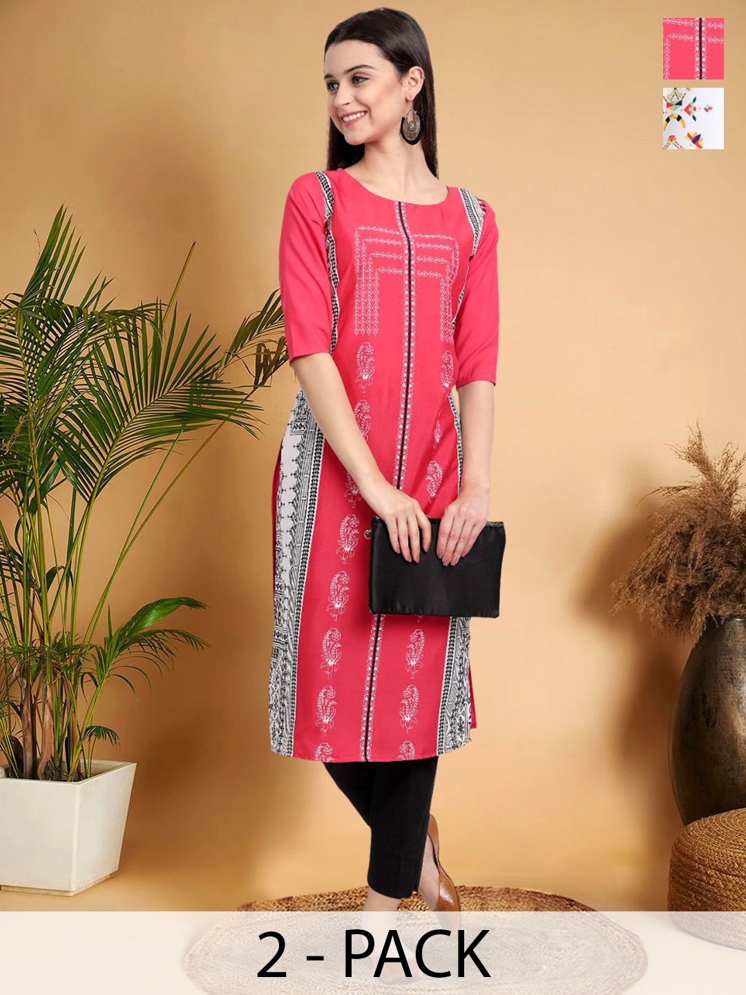 

7Threads Selection Of 2 Ethnic Motifs Printed Straight Kurtas, Pink