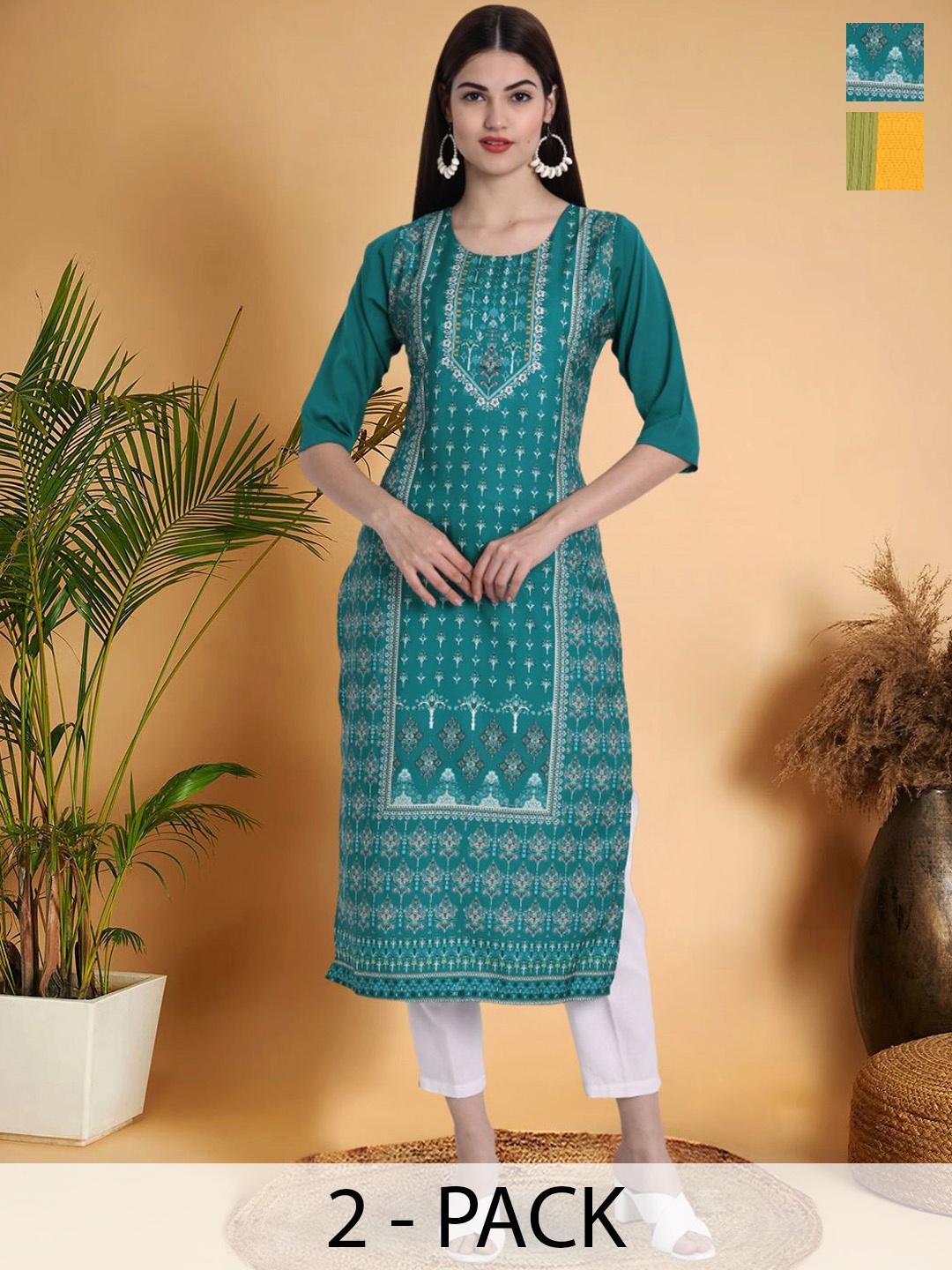 

7Threads Selection Of 2 Ethnic Motifs Printed Straight Kurtas, Teal