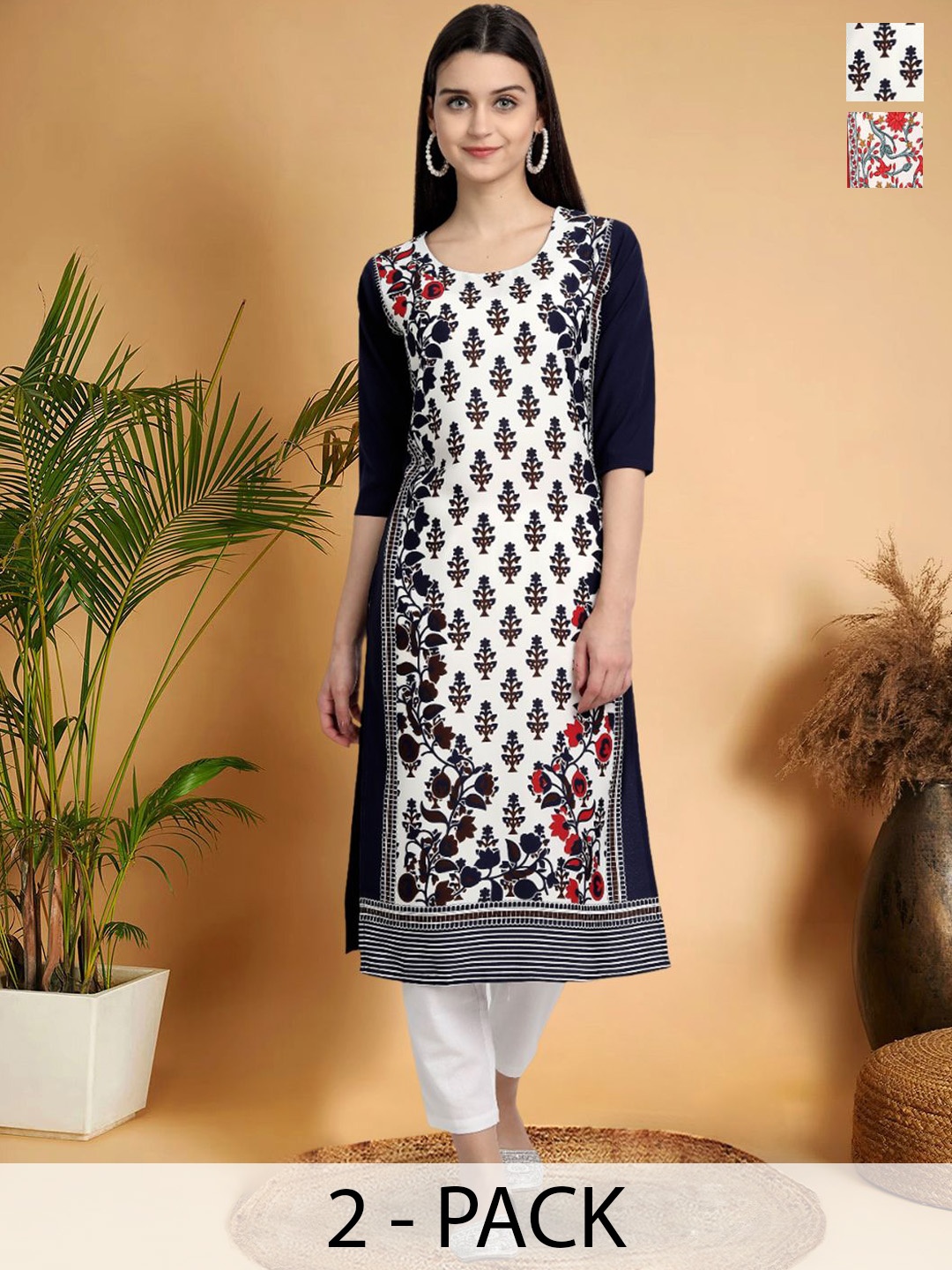 

7Threads Selection Of 2 Ethnic Motifs Printed Straight Kurtas, Black