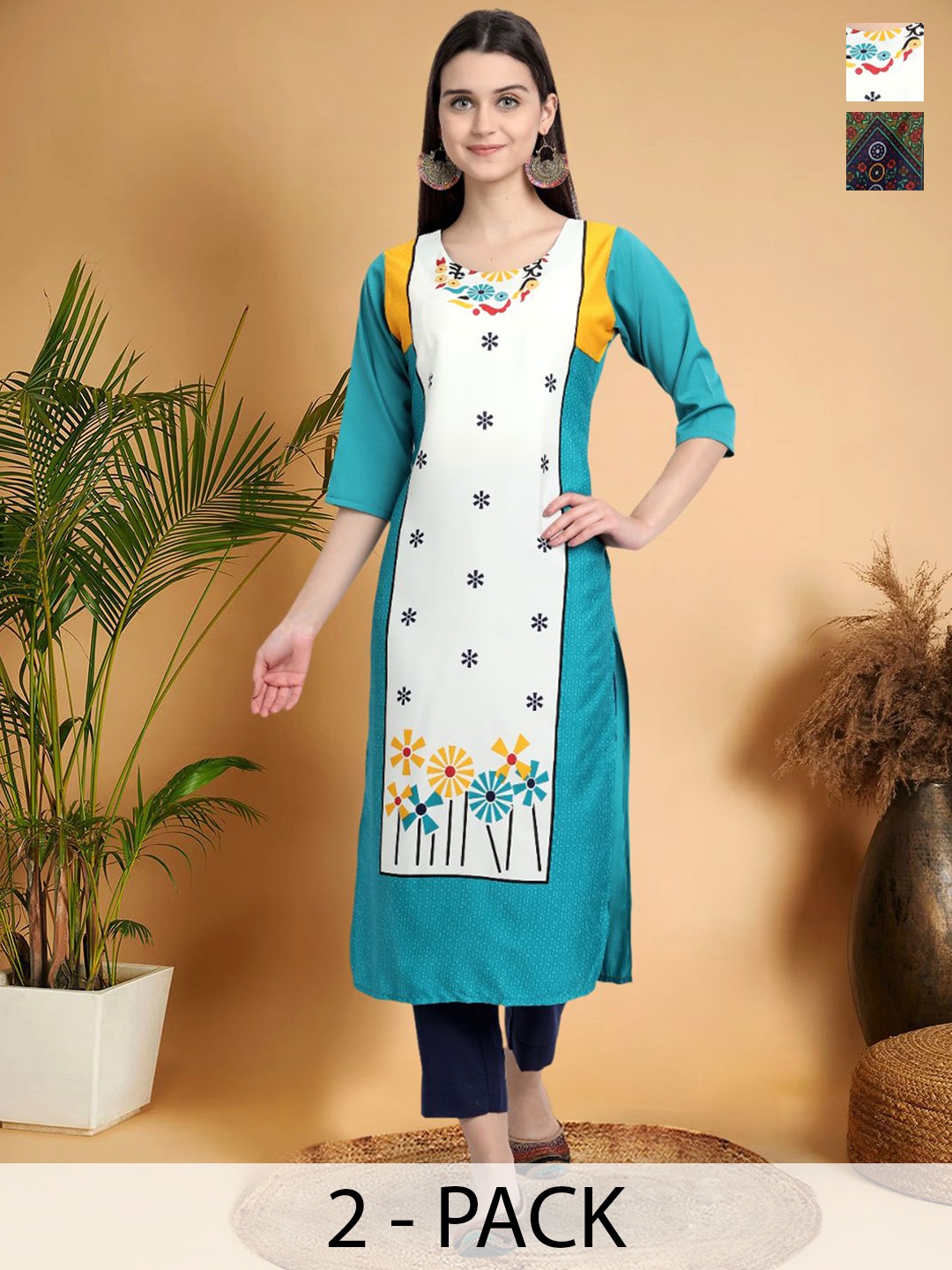 

7Threads Selection Of 2 Floral Printed Straight Kurtas, White