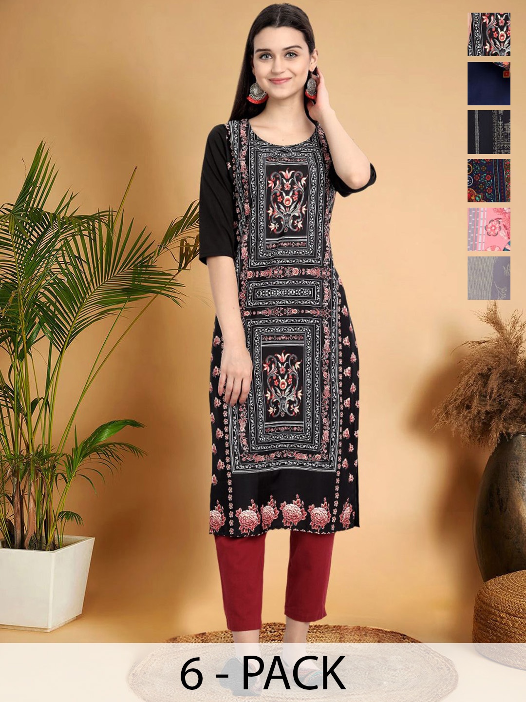 

7Threads Selection Of 6 Ethnic Motifs Printed Round Neck Straight Kurtas, Black