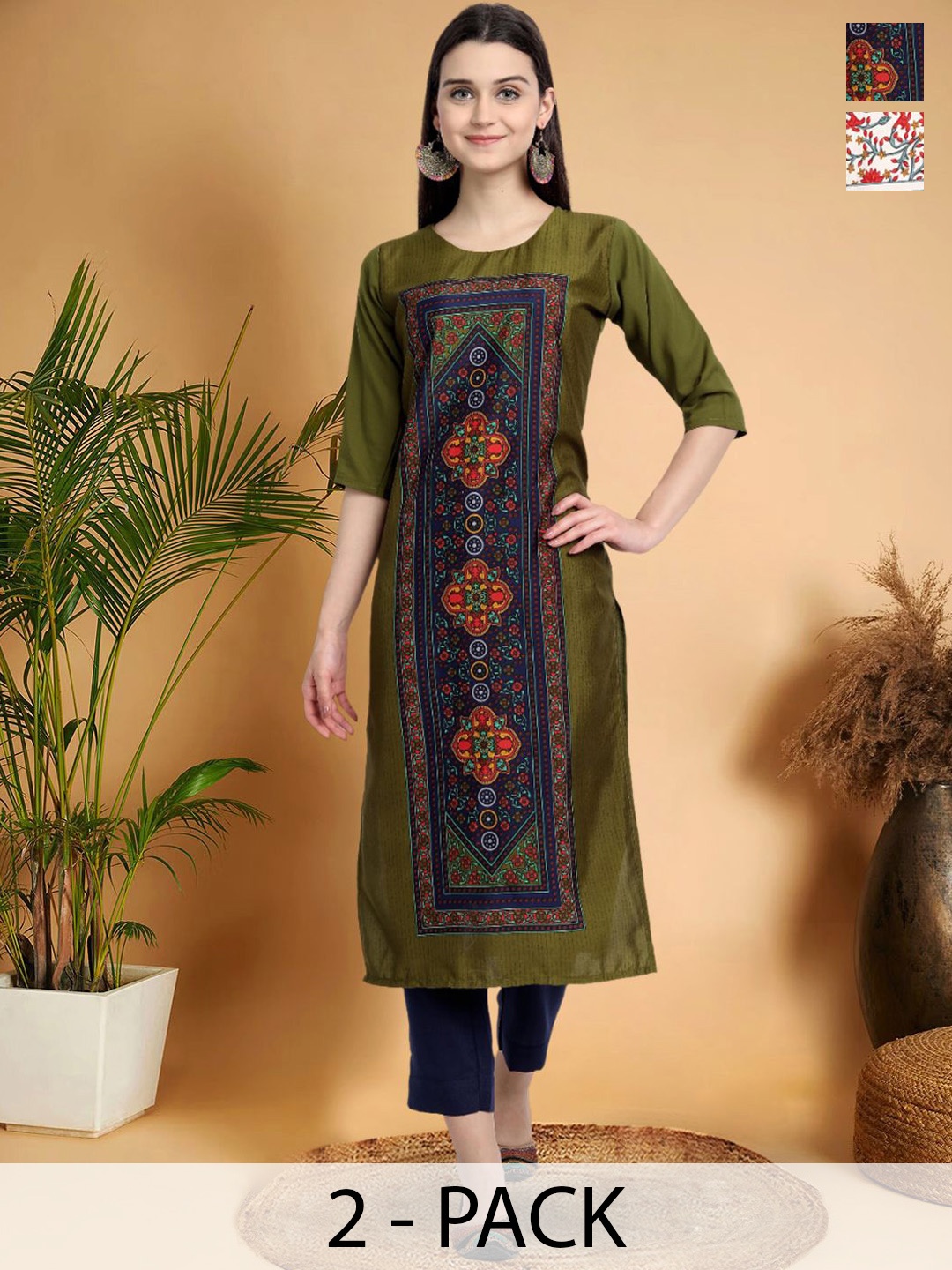 

7Threads Selection Of 2 Ethnic Motifs Printed Round Neck Straight Kurtas, Green