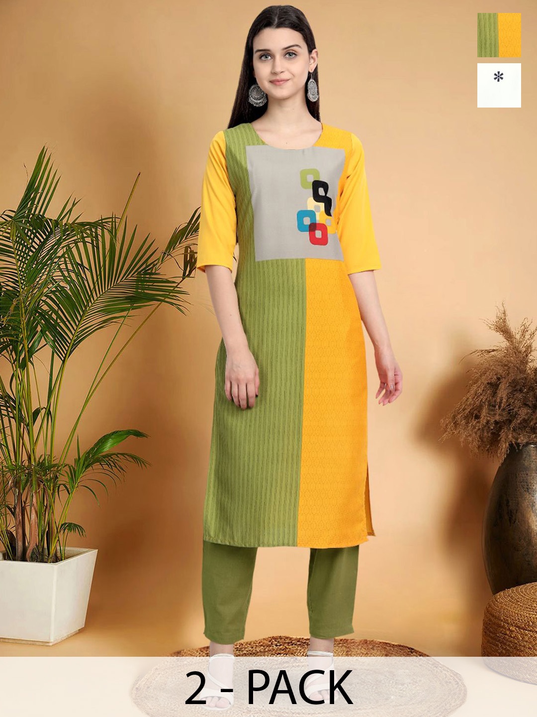 

7Threads Selection Of 2 Colour blocked Printed Round Neck Kurtas, Yellow