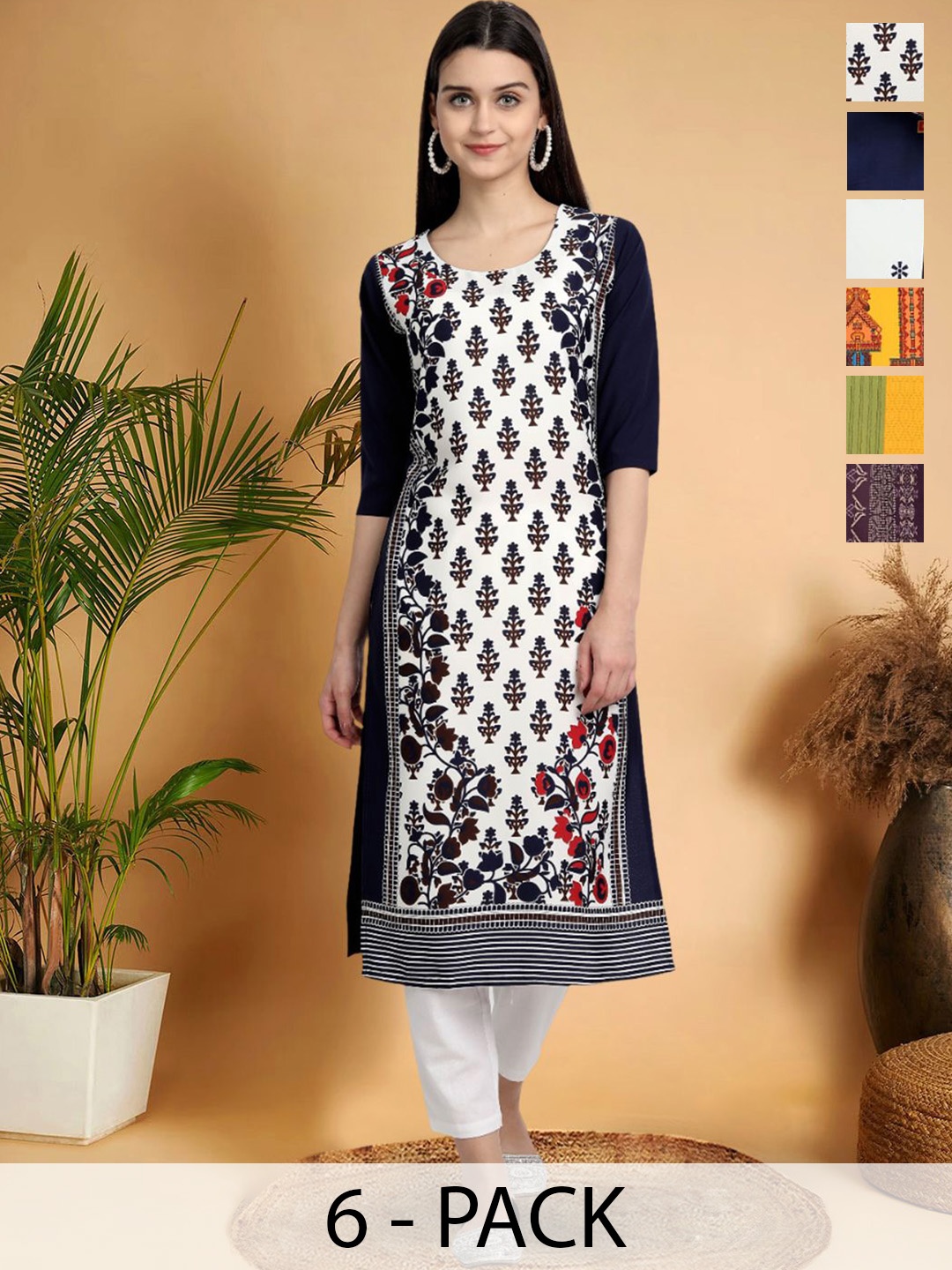 

7Threads Selection Of 6 Floral Printed Round Neck Kurtas, Black