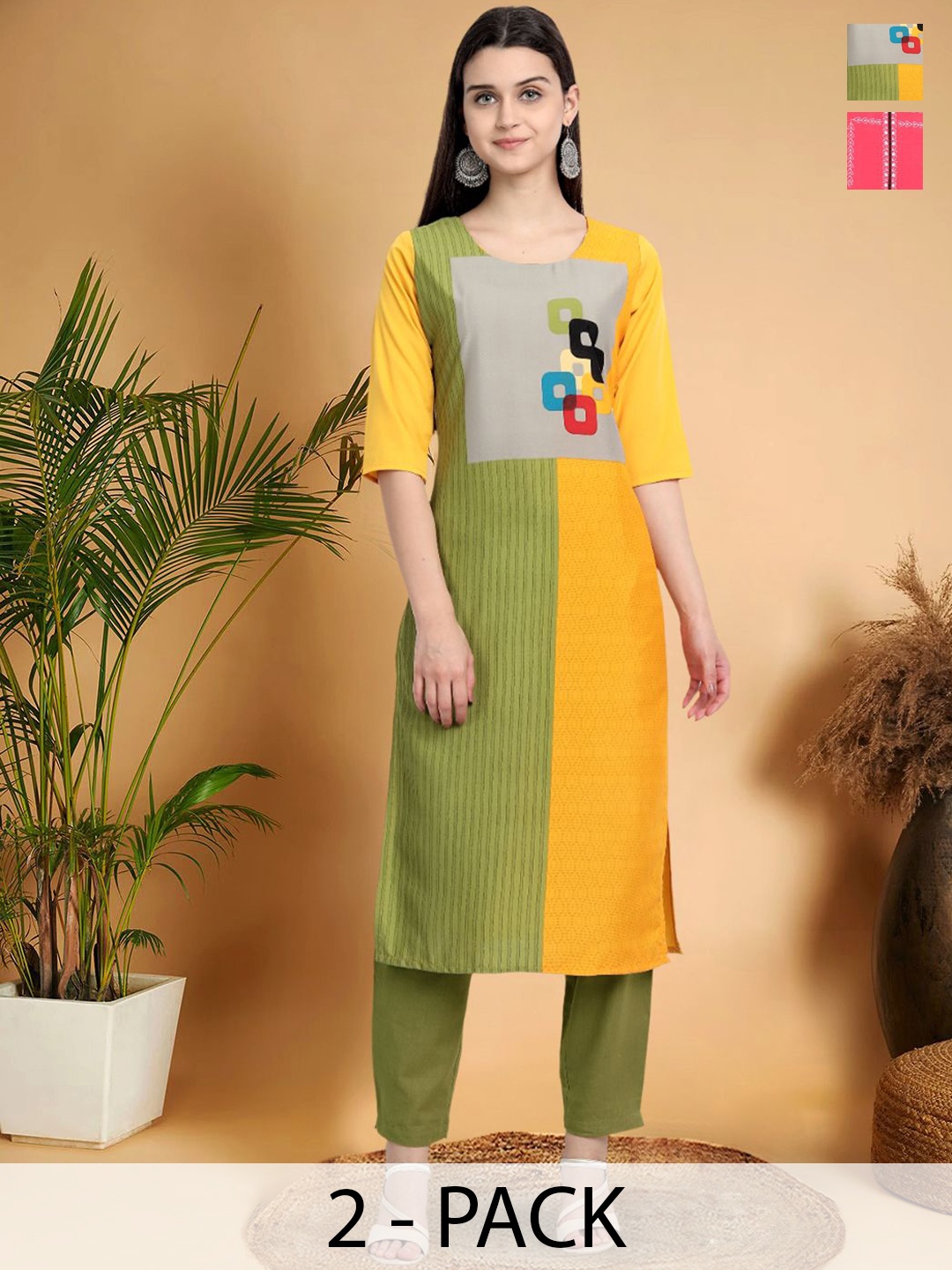 7Threads Selection Of 2 Colour blocked Printed Round Neck Kurtas, Yellow